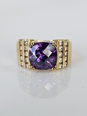Vintage Checkerboard Cut Amethyst & White  Topaz Yellow Gold Vermeil Size 8!